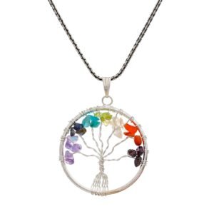 7 Chakra Pendant Tree of Life Crystal Stone Pendant Locket with Metal Chain for Healing Crystal Healing Gemstone Size 35-40 mm clear quarts7 chakra